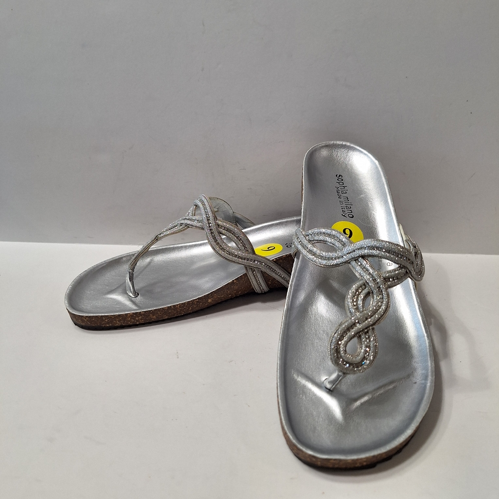 SOPHIA MILANO NEW Silver Preppy Rhinestone Crisscross Wedge Sandals Size 9.5